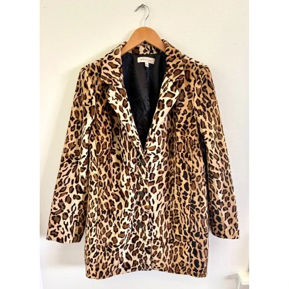 Vintage Y2K 90s Leopard Faux Fur Coat Jacket Glam L - Picture 2 of 5
